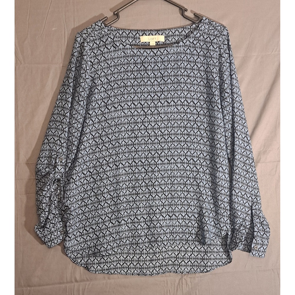Ann‎ Taylor Loft Geometric Pattern Long Sleeve Blouse Women's Size Small Blue